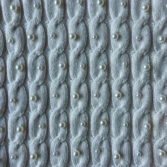 Boston Proper Sweater White V Neck Cable Knit Faux Pearl Embellished Size Large - Picture 3 of 9